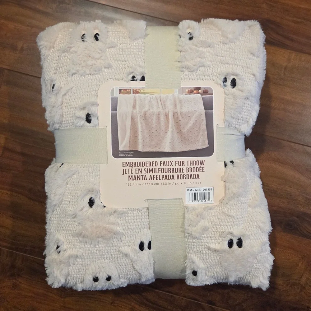 Halloween Ghost & Pumpkin Embroidered Faux Fur Throw Blanket Set 60x70 Viral NEW